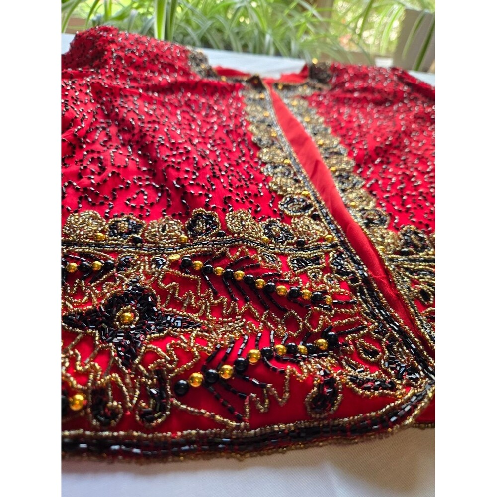 Laurence Kazar Vintage Silk Sequin Beaded Bolero Jacket Red Gold Holiday